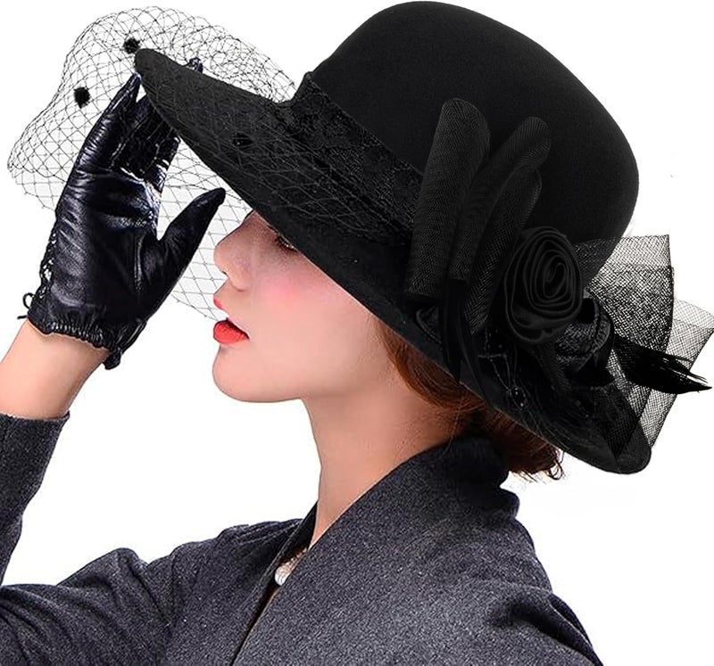 IZUS Women Flower Decor Bowler Fedora Hat with Veil Floppy Brim Felt Church Party Cap Vintage 1920s Elegant Fascinator Hat Small - Image 1